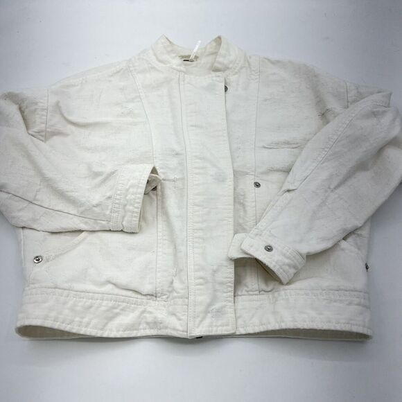 Free People White Tattered Tennis Jean Jacket Distressed Boxy Fit 100% Cotton XS - Picture 1 of 7